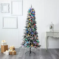 Nearly Natural 5 Foot Mountain Flocked Fir With 379 Bendable Branches And 50 Multi Color Globe Bulbs Pre-Lit Christmas Tree