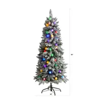 Nearly Natural 5 Foot Mountain Flocked Fir With 379 Bendable Branches And 50 Multi Color Globe Bulbs Pre-Lit Christmas Tree