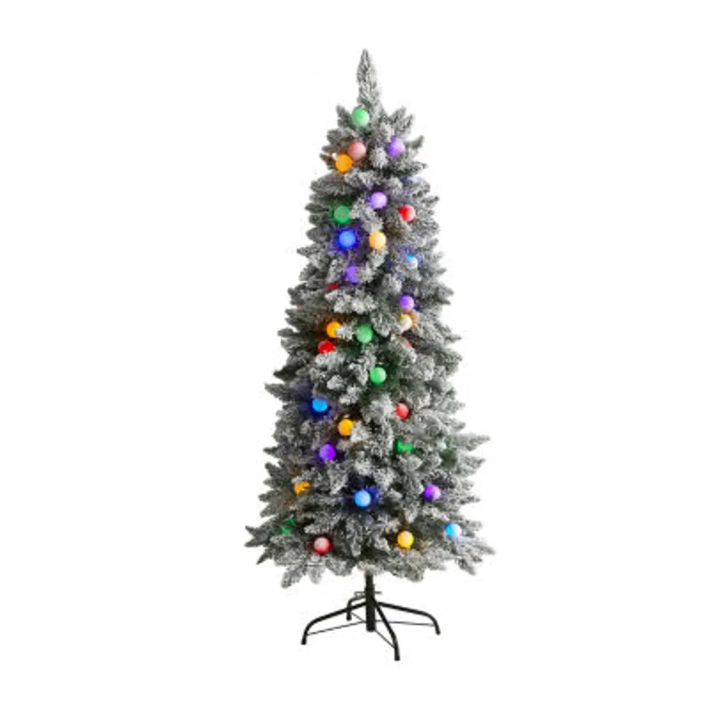 Nearly Natural 5 Foot Mountain Flocked Fir With 379 Bendable Branches And 50 Multi Color Globe Bulbs Pre-Lit Christmas Tree