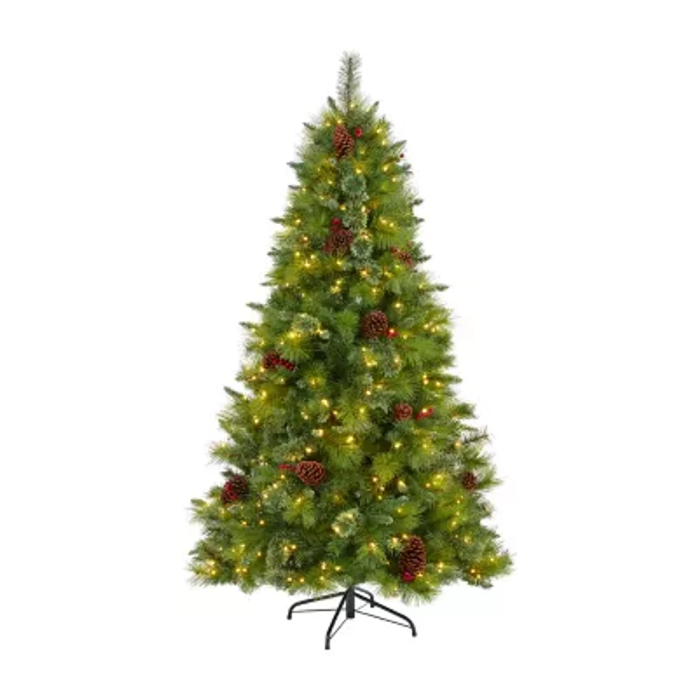 Nearly Natural 6 Foot Mixed Pine With Pine Cones And Berries And 350 Clear Led Lights Pre-Lit Christmas Tree