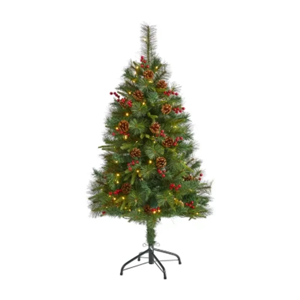 Nearly Natural 4 Foot Mixed Pine With Pine Cones And Berries And 100 Clear Led Lights Pre-Lit Christmas Tree