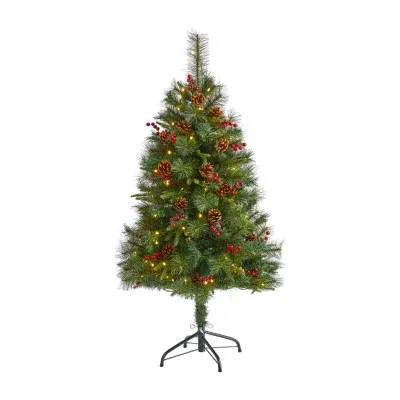 Nearly Natural 4 Foot Mixed Pine With Pine Cones And Berries And 100 Clear Led Lights Pre-Lit Christmas Tree