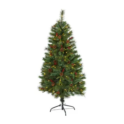 Nearly Natural 5 Foot Pine With Pine Cones And Berries And 150 Clear Led Lights Pre-Lit Christmas Tree