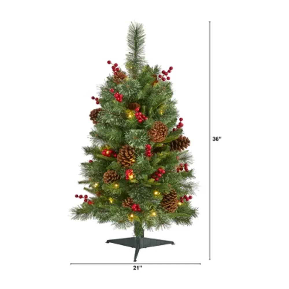 Nearly Natural 3 Foot Pine With Pine Cones And Berries And 50 Clear Led Lights Pre-Lit Christmas Tree