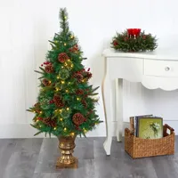 Nearly Natural Pinecone And Berries Christmas In Decorative Urn 4 Foot Pre-Lit Pine Christmas Tree