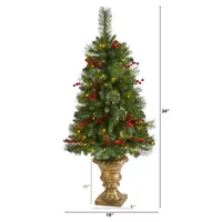 Nearly Natural 4 Foot Pine In Decorative Urn With Pinecone And Berries And 100 Clear Led Lights Pre-Lit Christmas Tree