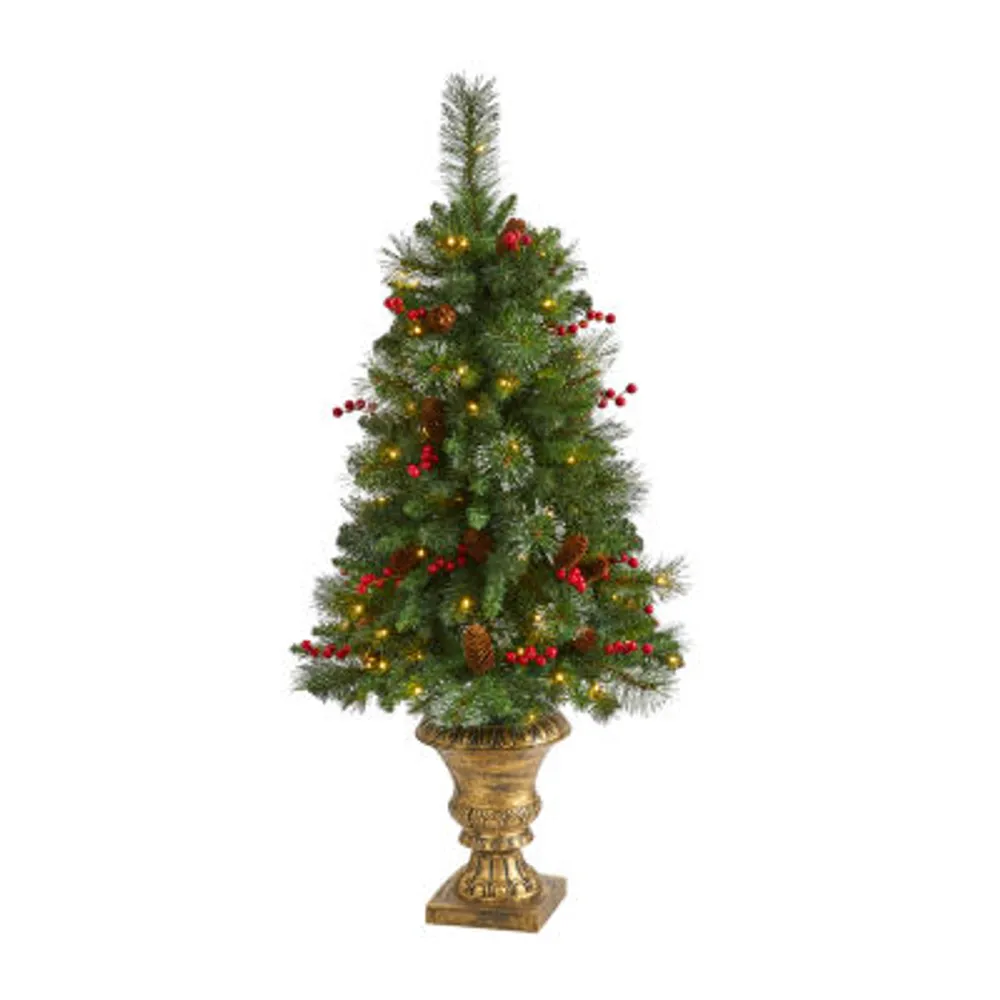 Nearly Natural 4 Foot Pine In Decorative Urn With Pinecone And Berries And 100 Clear Led Lights Pre-Lit Christmas Tree