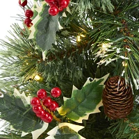 Nearly Natural 18" Mixed Pine With Burlap Base And Holly Berries And Pinecones And 35 Clear Led Lights Pre-Lit Christmas Tree