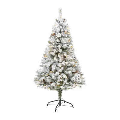 Nearly Natural Foot White River Mountain Flocked Pine With Pinecones And Clear Led Lights Pre-Lit Christmas Tree