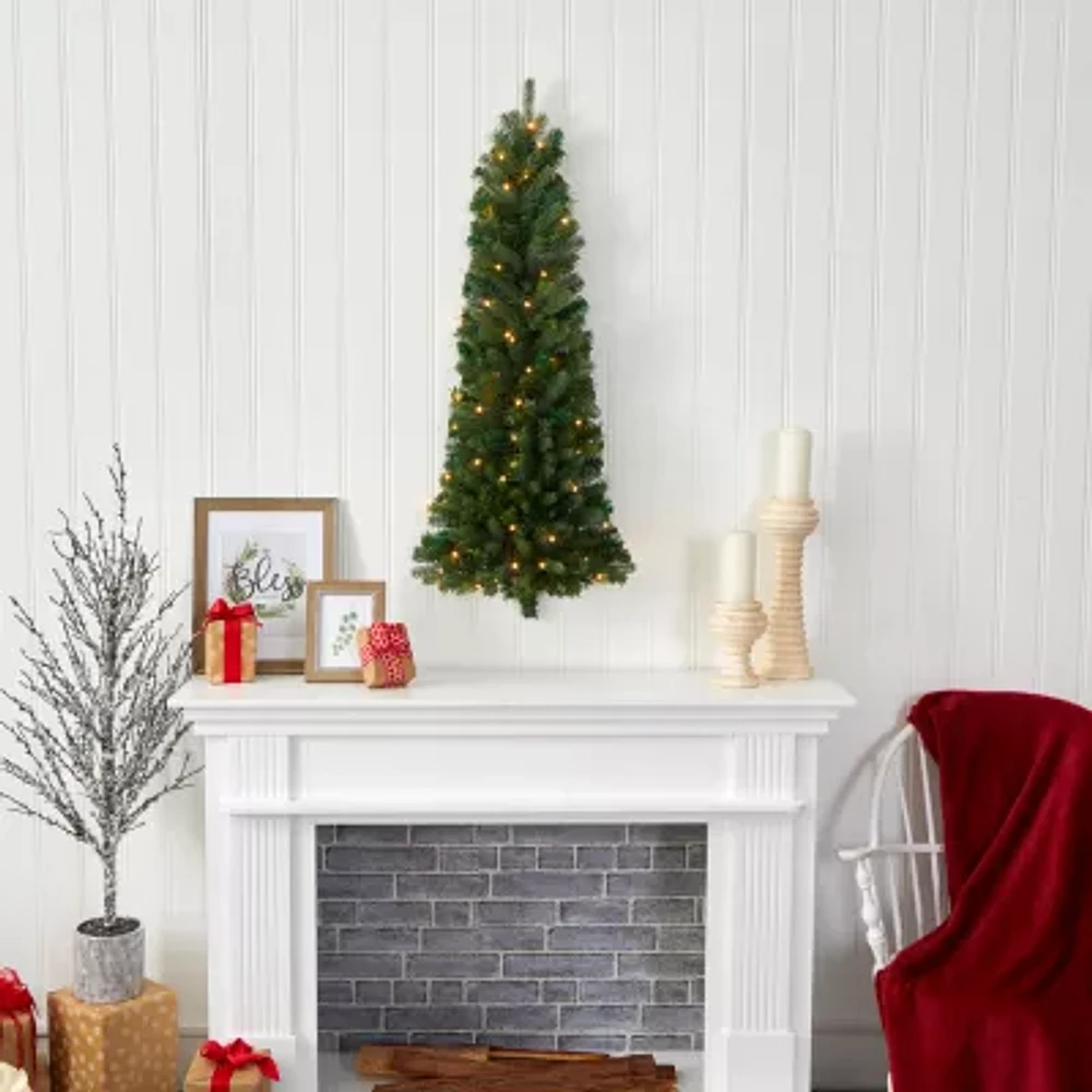 Nearly Natural 4 Foot Flat Back Wall Hanging Pine Pre-Lit Christmas Tree