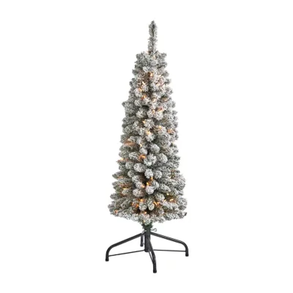 Nearly Natural Foot Flocked Pencil Pine With Bendable Branches And Clear Lights Pre-Lit Christmas Tree