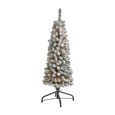 Nearly Natural Foot Flocked Pencil Pine With Bendable Branches And Clear Lights Pre-Lit Christmas Tree