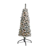 Nearly Natural Foot Flocked Pencil Pine With Bendable Branches And Clear Lights Pre-Lit Christmas Tree