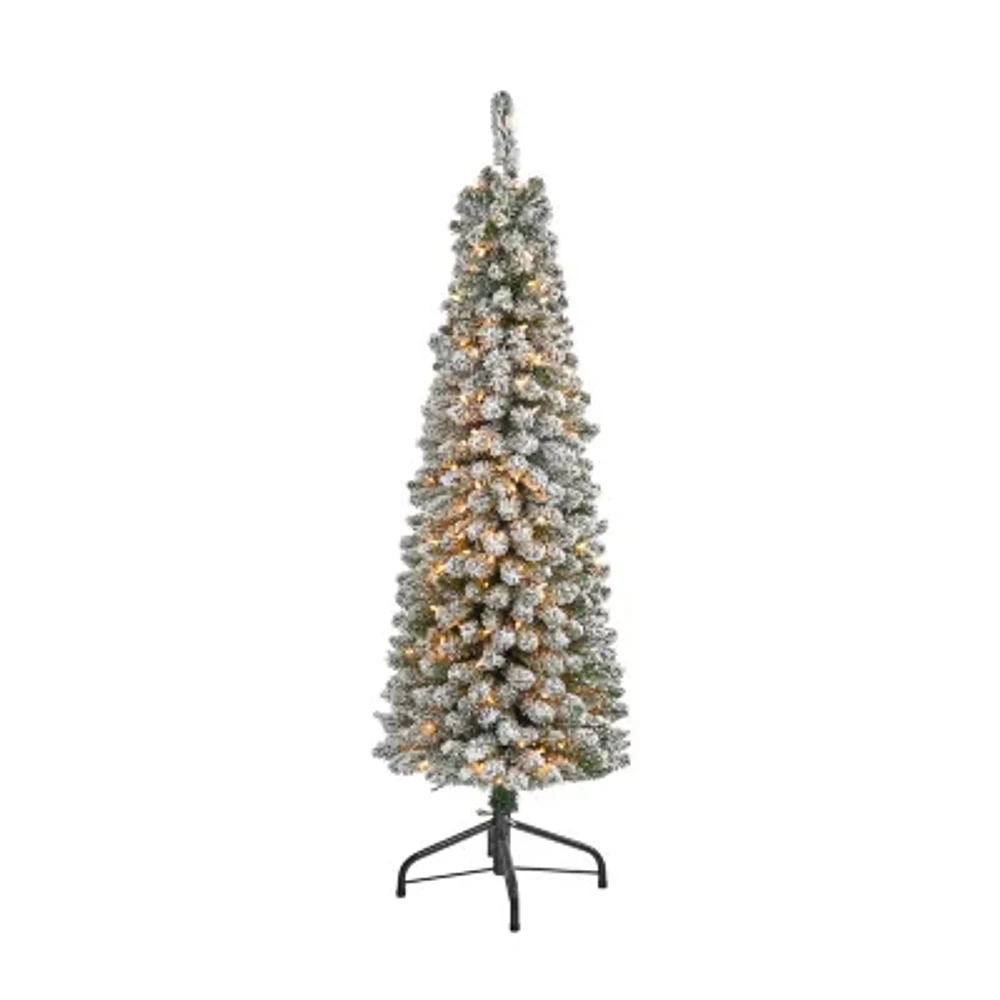 Nearly Natural Foot Pencil Flocked Pine With Bendable Branches And Clear Lights Pre-Lit Christmas Tree