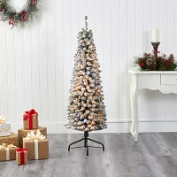 Nearly Natural Foot Pencil Flocked Pine With Bendable Branches And Clear Lights Pre-Lit Christmas Tree