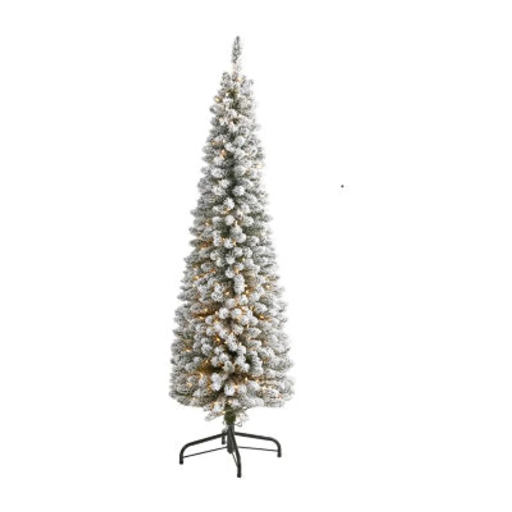 Nearly Natural 6 Foot Pencil Flocked Pine With 438 Bendable Branches And 300 Clear Lights Pre-Lit Christmas Tree