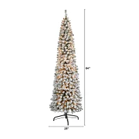 Nearly Natural 7 Foot Flocked Pencil Pine With 574 Bendable Branches And 400 Clear Lights Pre-Lit Christmas Tree