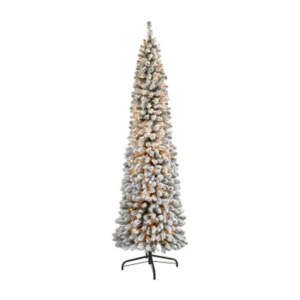 Nearly Natural 7 Foot Flocked Pencil Pine With 574 Bendable Branches And 400 Clear Lights Pre-Lit Christmas Tree