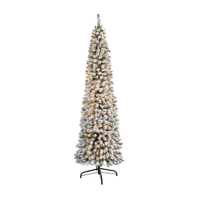 Nearly Natural 7 Foot Flocked Pencil Pine With 574 Bendable Branches And 400 Clear Lights Pre-Lit Christmas Tree