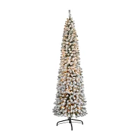 Nearly Natural 7 Foot Flocked Pencil Pine With 574 Bendable Branches And 400 Clear Lights Pre-Lit Christmas Tree
