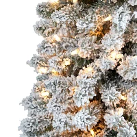 Nearly Natural 7 Foot Flocked Pencil Pine With 574 Bendable Branches And 400 Clear Lights Pre-Lit Christmas Tree