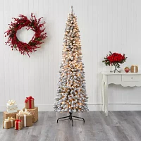 Nearly Natural 7 Foot Flocked Pencil Pine With 574 Bendable Branches And 400 Clear Lights Pre-Lit Christmas Tree