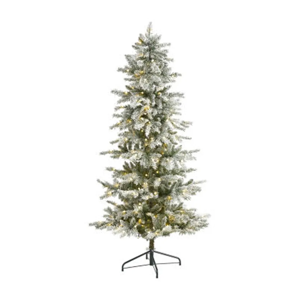 Nearly Natural 6 1/2 Foot Slim Nova Scotia Flocked Spruce With 699 Bendable Branches And 300 Warm White Led Lights Pre-Lit Christmas Tree