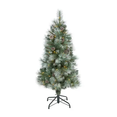 Nearly Natural 4 Foot Frosted Pine With Pine Cones And 228 Bendable Branches And 100 Clear Lights Pre-Lit Christmas Tree