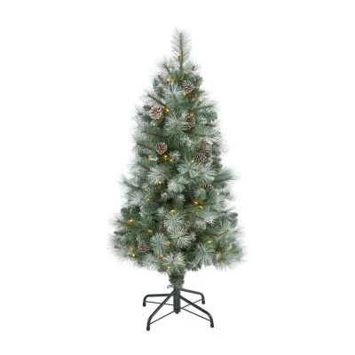 Nearly Natural Foot Frosted Pine With Pine Cones And Bendable Branches And Clear Lights Pre-Lit Christmas Tree