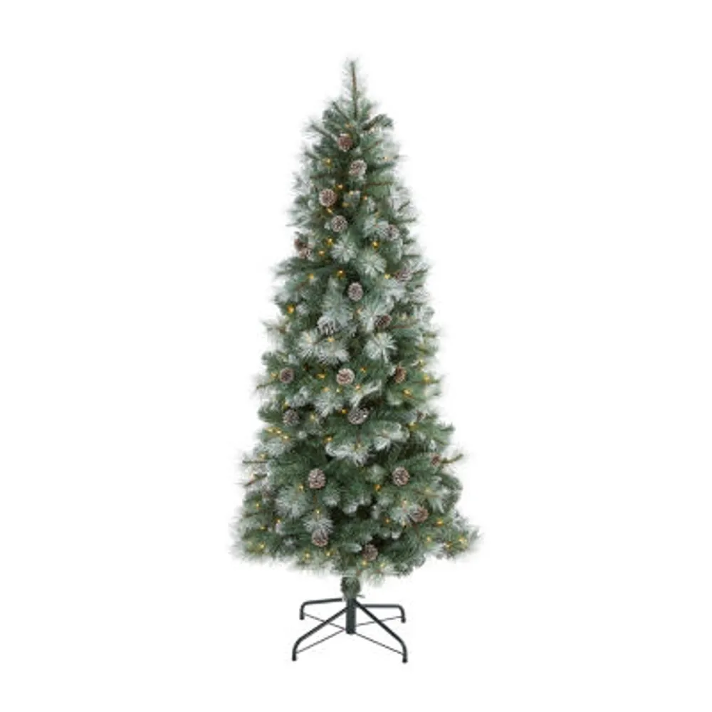 Nearly Natural 6 Foot Frosted Pine With Pine Cones And 588 Bendable Branches And 250 Clear Lights Pre-Lit Christmas Tree