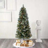 Nearly Natural 6 Foot Frosted Pine With Pine Cones And 588 Bendable Branches And 250 Clear Lights Pre-Lit Christmas Tree