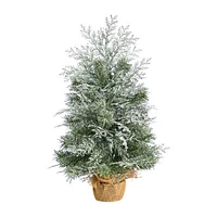 Nearly Natural 2 Foot Winter Frosted Fir In Burlap Base With 35 Led Lights Pre-Lit Christmas Tree