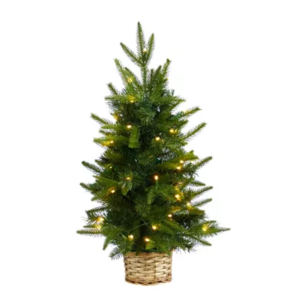 Nearly Natural 2 Foot Pine In Decorative Basket With 35 Clear Led Lights Pre-Lit Christmas Tree