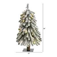 Nearly Natural 2 Foot Grand Flocked Pine On Natural Trunk With 111 Bendable Branches And 35 Clear Lights Pre-Lit Christmas Tree