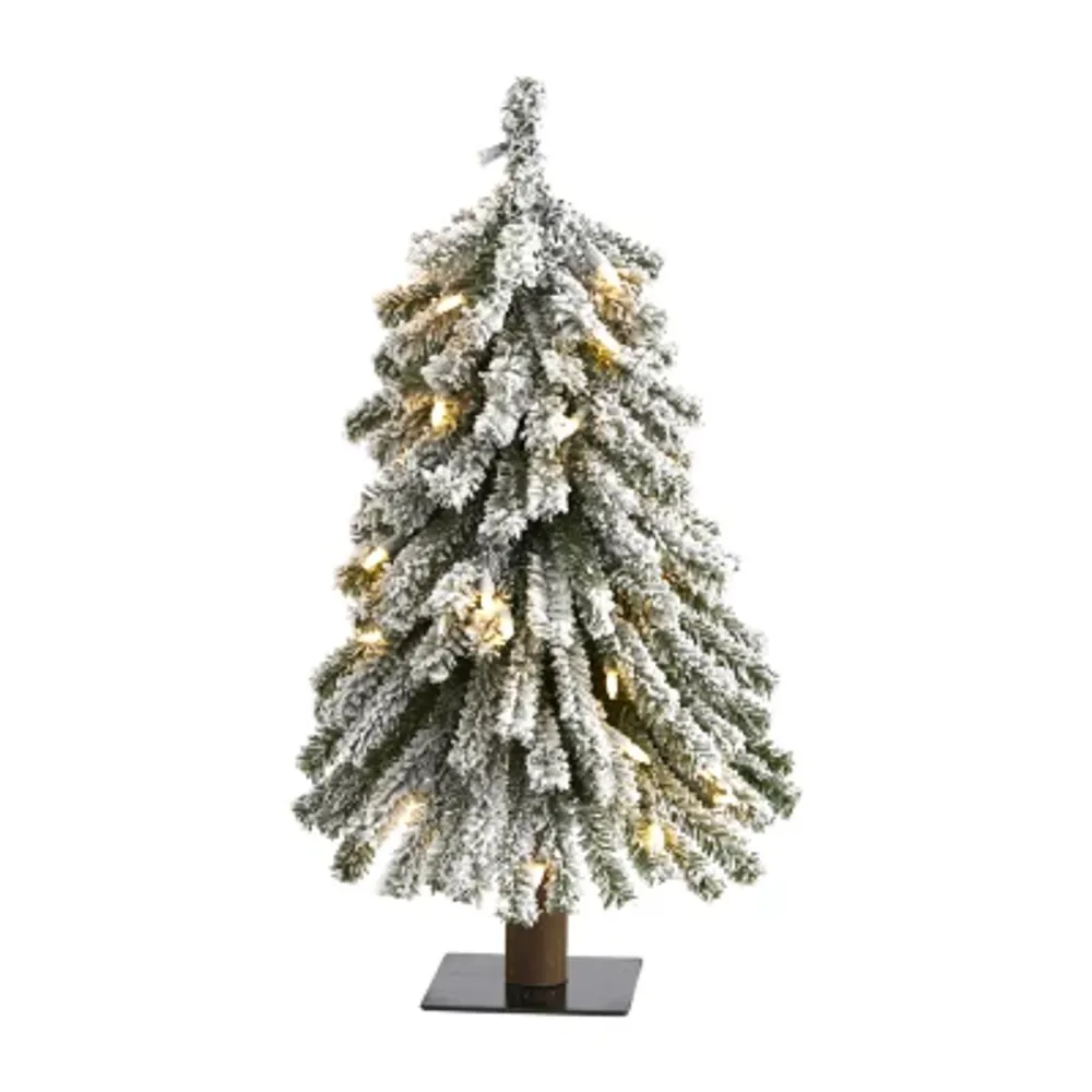 Nearly Natural 2 Foot Grand Flocked Pine On Natural Trunk With 111 Bendable Branches And 35 Clear Lights Pre-Lit Christmas Tree