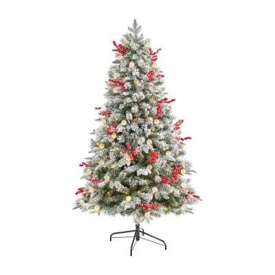 Nearly Natural 6 Foot Snow Tipped Flocked Fir With Berries And 906 Bendable Branches And 200 Led Lights And 50 Led Globe Lights Pre-Lit Christmas Tree