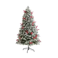 Nearly Natural 6 Foot Snow Tipped Flocked Fir With Berries And 906 Bendable Branches And 200 Led Lights And 50 Led Globe Lights Pre-Lit Christmas Tree