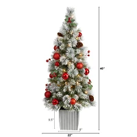 Nearly Natural 4 Foot Winter Flocked Pine In Decorative Planter With Ornaments And 50 Led Lights Pre-Lit Christmas Tree