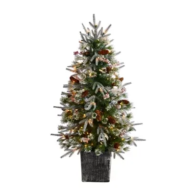 Nearly Natural 4 Foot Frosted Fir In Decorative Planter With Berries And 105 Led Lights Pre-Lit Christmas Tree