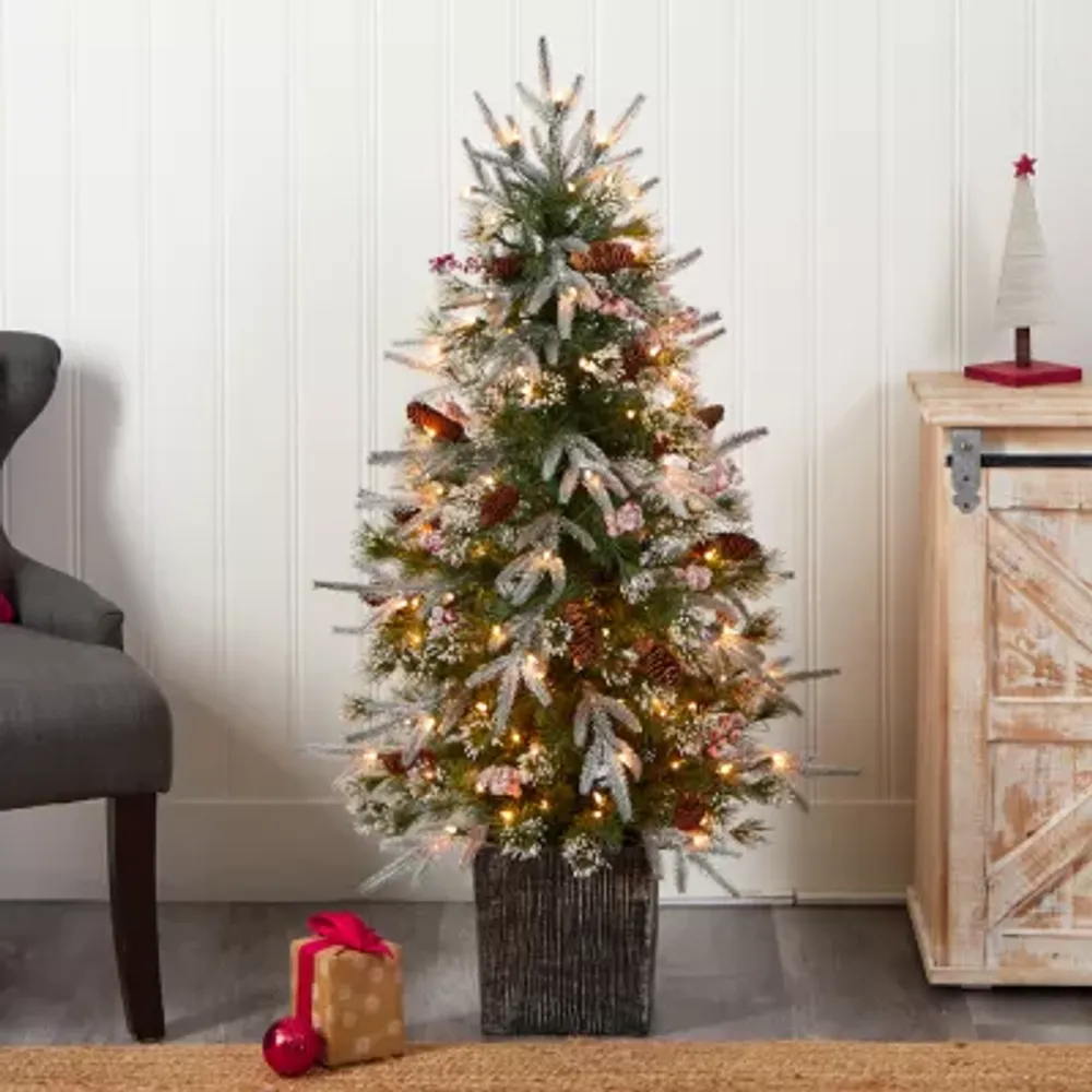 Nearly Natural 4 Foot Frosted Fir In Decorative Planter With Berries And 105 Led Lights Pre-Lit Christmas Tree