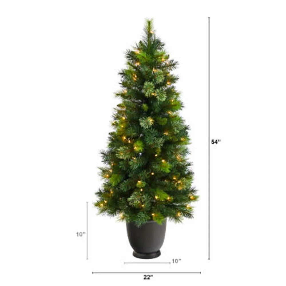 Nearly Natural 4 1/2 Foot Oregon Pine In Decorative Planter With 250 Bendable Branches And 100 Warm White Lights Pre-Lit Christmas Tree