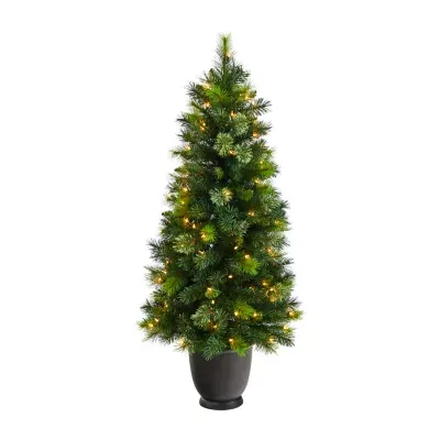 Nearly Natural 4 1/2 Foot Oregon Pine In Decorative Planter With 250 Bendable Branches And 100 Warm White Lights Pre-Lit Christmas Tree