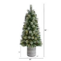 Nearly Natural 4 1/2 Foot Flocked Pine In Planter With 232 Bendable Branches And 120 Warm White Led Lights Pre-Lit Christmas Tree