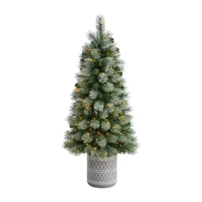 Nearly Natural 4 1/2 Foot Flocked Pine In Planter With 232 Bendable Branches And 120 Warm White Led Lights Pre-Lit Christmas Tree