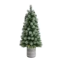 Nearly Natural 4 1/2 Foot Flocked Pine In Planter With 232 Bendable Branches And 120 Warm White Led Lights Pre-Lit Christmas Tree