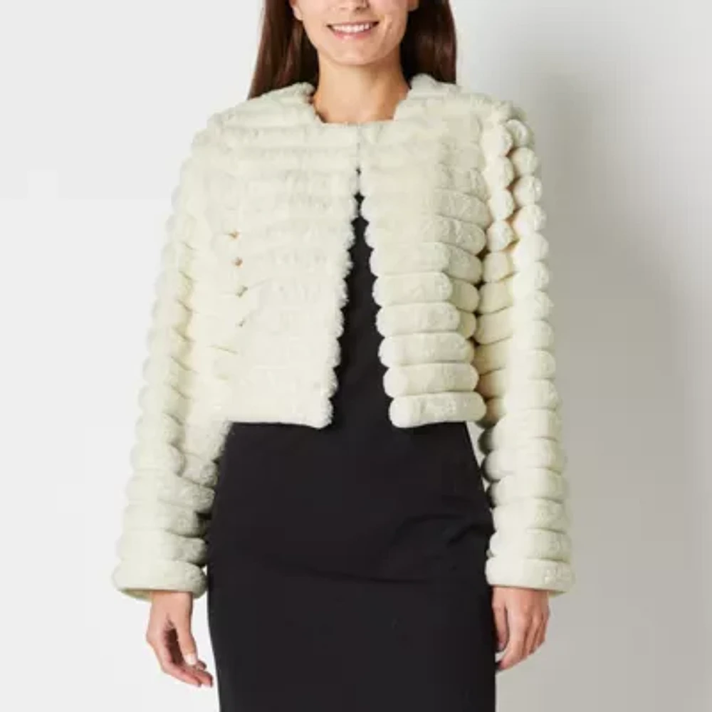 Perceptions Faux Fur Womens Round Neck Long Sleeve Shrug