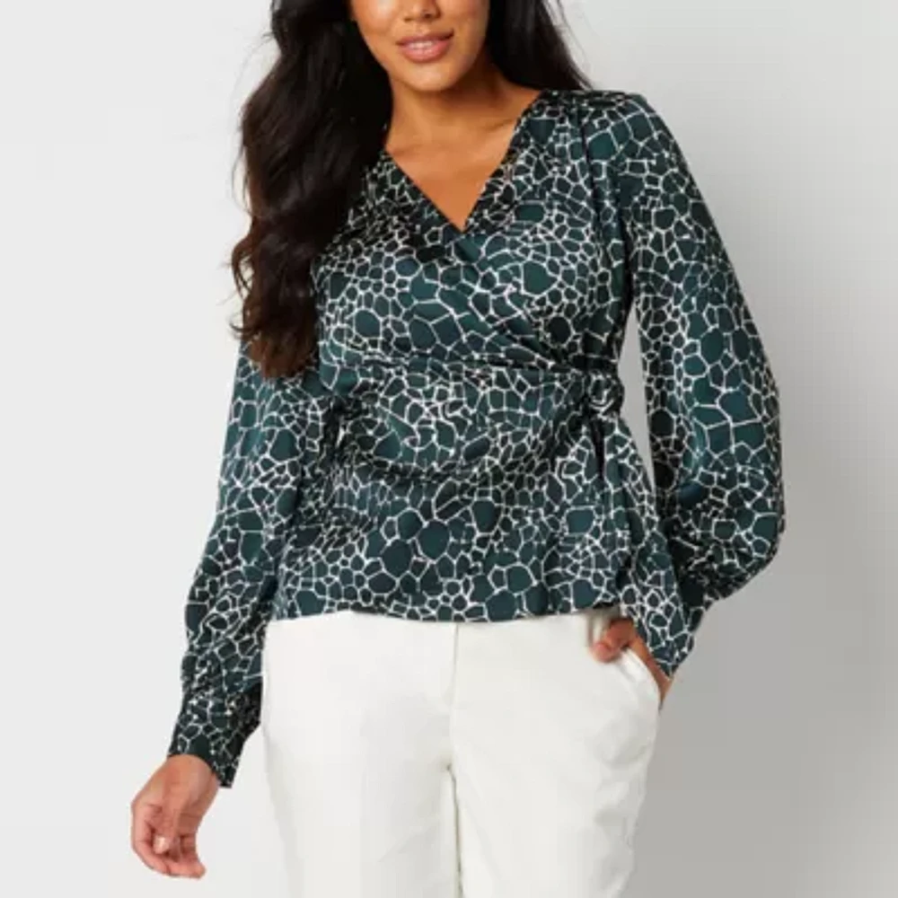 Worthington Womens V Neck Long Sleeve Wrap Shirt Tall