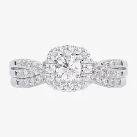 (G-H / Si1-Si2) Womens 7/8 CT. T.W. Lab Grown White Diamond 10K Gold Side Stone Halo Bridal Set