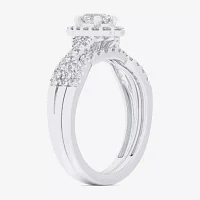 (G-H / Si1-Si2) Womens 7/8 CT. T.W. Lab Grown White Diamond 10K Gold Oval Side Stone Halo Bridal Set