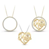 18K Gold over Silver 3-in-1 Cubic Zirconia Circle Heart "Mom" Necklace